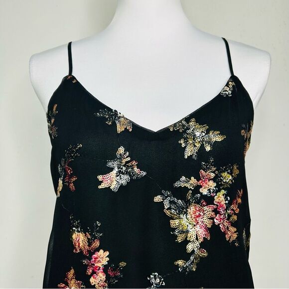 Banana Republic Whimsigoth Top M Black Sequin Floral Georgette Fairy Cami Tank - Picture 8 of 11